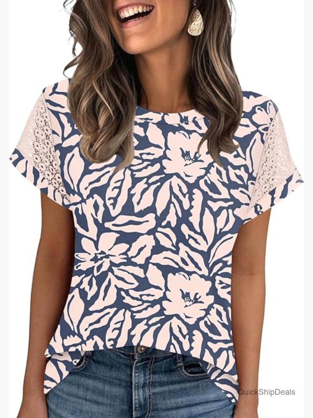 Lace Short Sleeve Tunic Top Polyester Blend Loose Fit